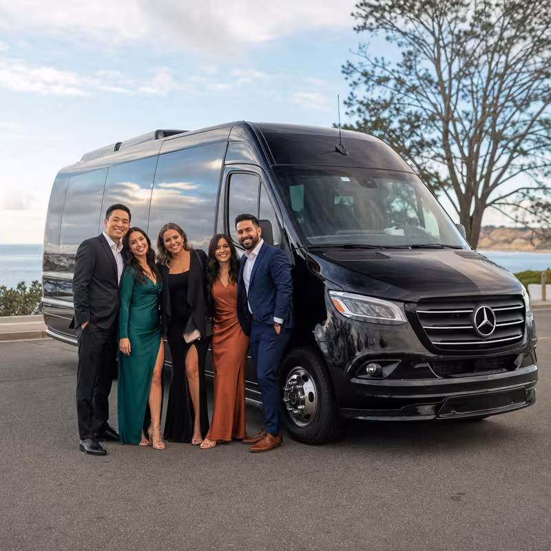 Group beside a Mercedes Sprinter limo from the Memphis fleet