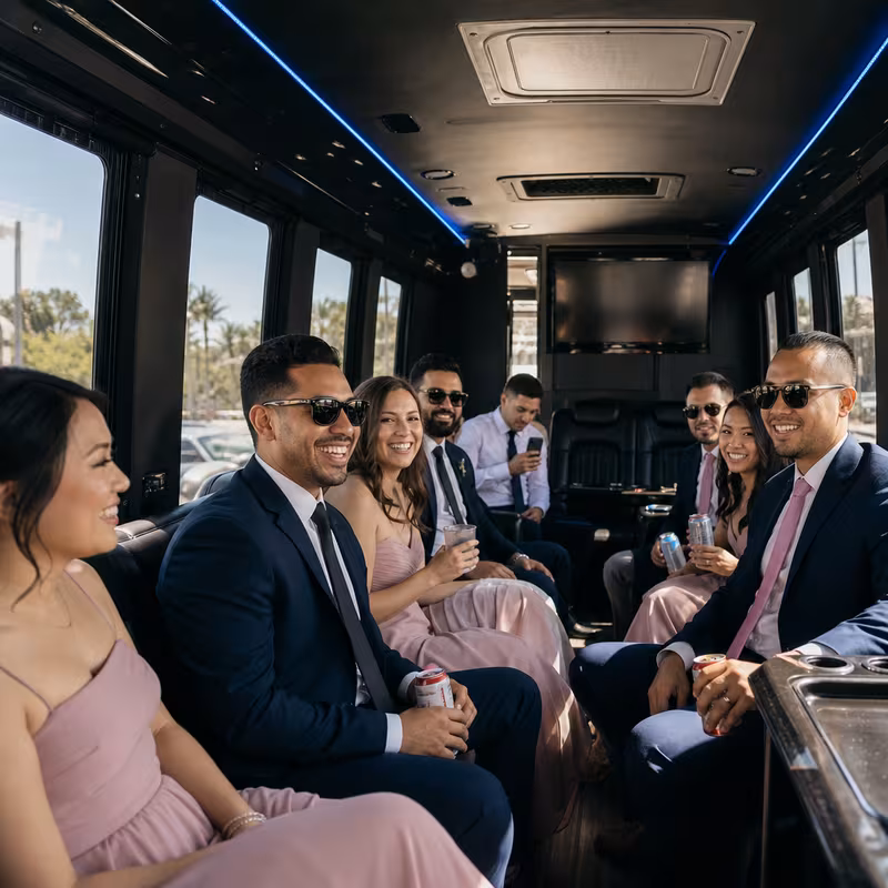 Wedding guests seated inside a Memphis party bus