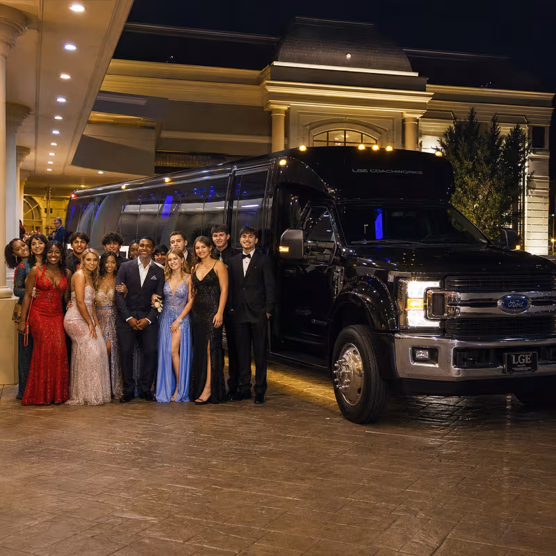 Party bus interior with wraparound leather seating and LED lighting in Memphis