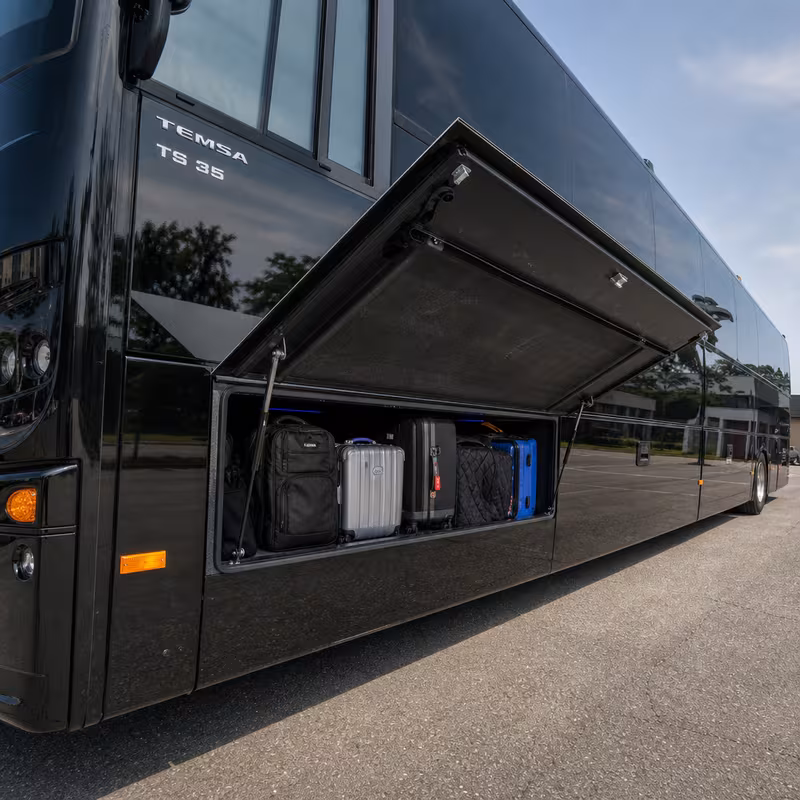 Party bus interior with wraparound leather seating and LED lighting in Memphis